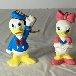 Vintage Disney Magic Kingdom 1990 Donald Duck Daisy Ceramic Ornaments Japan